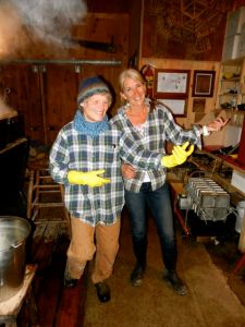 The Tartan Twixies practice air-guitar and air-banjo to a Pete Seeger CD