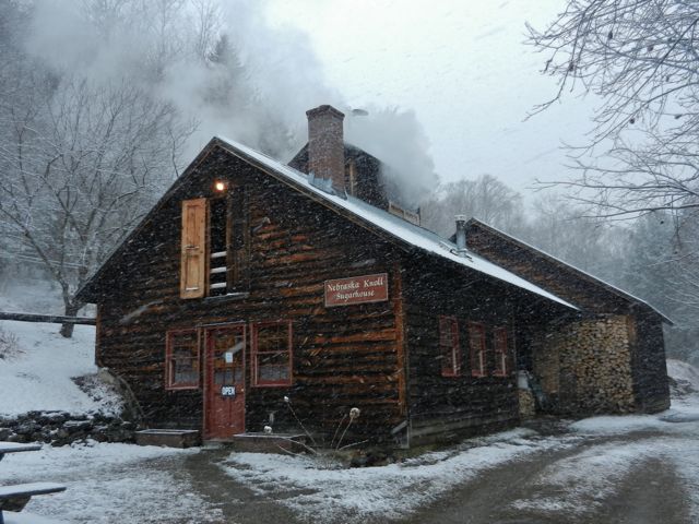 Friday afternoon's boil. On days like this, when the snow hushes the valley and the steam hugs the sugarhouse, it feels more than ever that nothing else in the whole world exists except the boiling scene. 