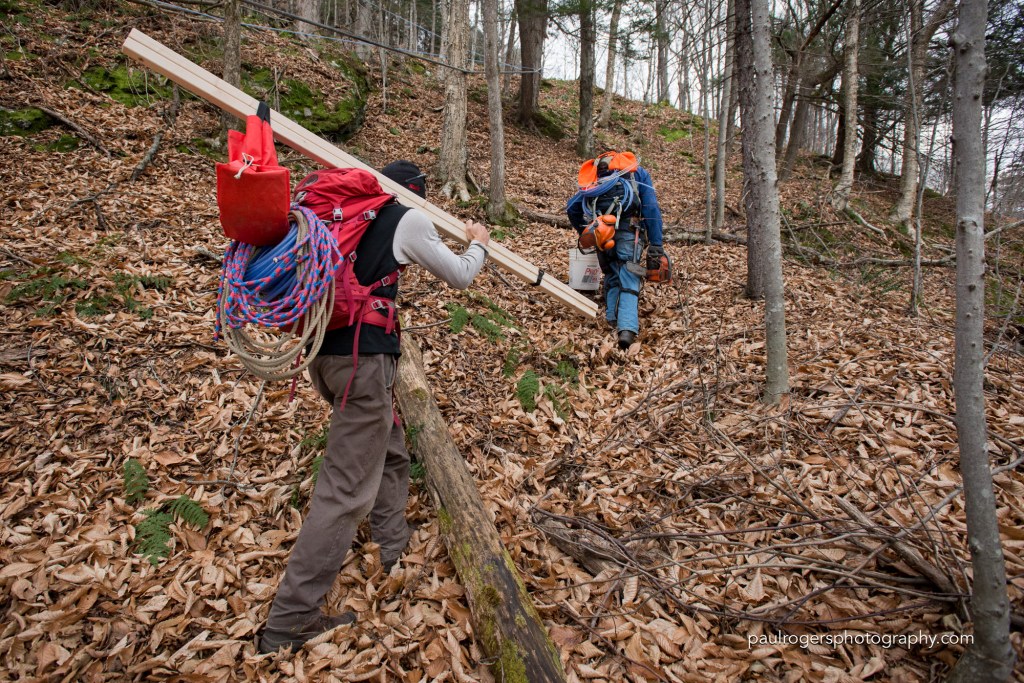 Ross and Lew head up the hill with 50 lb. packs laden with fittings, wire ties, extra wire, rope, tape, extra clothes, lunch - the list goes on and on. The telescoping pole over Ross's shoulder is used in place of a step ladder to maneuver a rope up the trunk in order to guide the tree to fall in a certain direction.